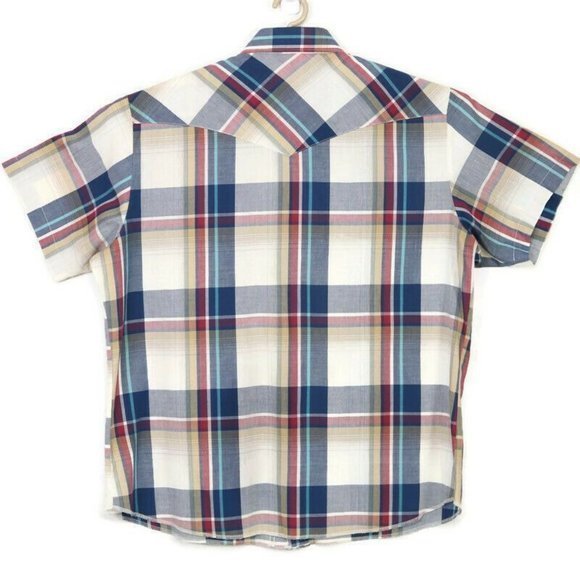 Vintage Wrangler Western Shirt White Blue Red Tan Plaid Pearl Snap XL - Picture 2 of 12